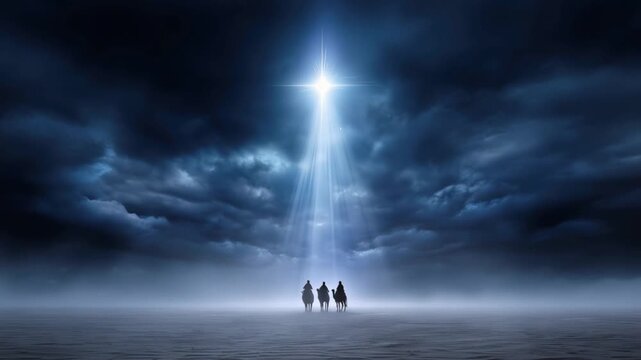 Three figures stand in silhouette, gazing towards a brilliant star that pierces through dramatic, dark clouds. ..Created with Generative AI, not depicting real subjects.
