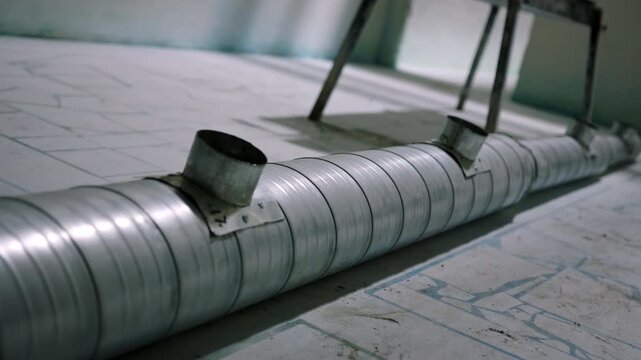 Spiral metal ventilation duct lies horizontally across tiled room floor. Open pipe collars stick up along duct length waiting for connection