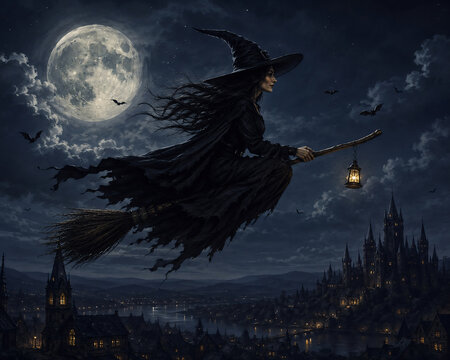 A silhouetted witch flies on a broomstick under a full moon with a gothic cityscape below witchcraft sorcery