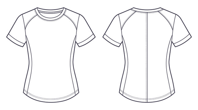 Womens activewear raglan t shirt template in front and back view.