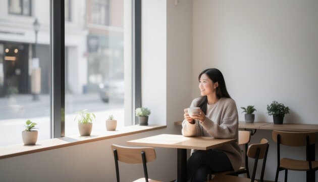 Cafe Serenity: A young woman enjoys a quiet moment at a cafe, holding a warm cup and gazing out the window at the bustling street outside.