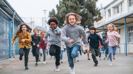 Obraz premium Schoolchildren sprint joyfully toward the camera along an open school corridor during outdoor playtime on a crisp school day afternoon.