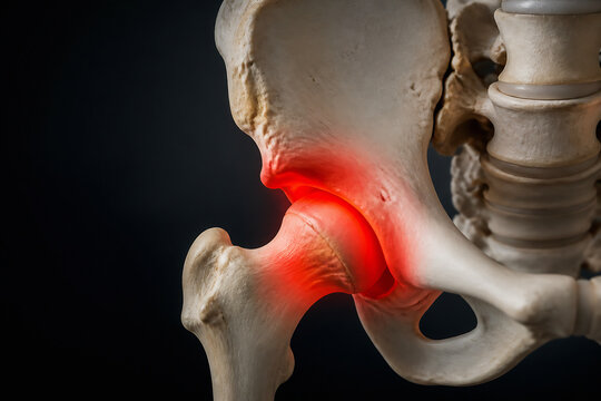 A detailed anatomical illustration of a human hip joint highlighting inflammation in the area.
