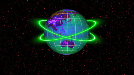 Green Orbits Around a Blue and Purple Earth Globe in a Starry Cosmos planet space © Surjomukhi