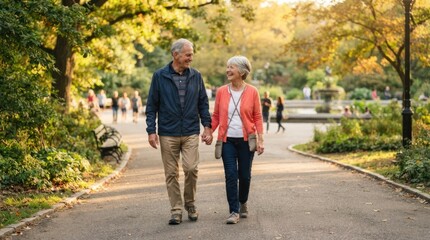Obraz premium Happy Senior Couple Holding Hands and Walking Together Through Sunny Green City Park