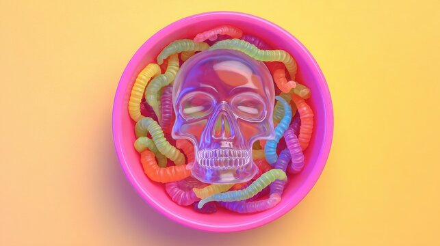 Glass skull placed over colorful gummy worms inside a bright pink bowl creates a vibrant overhead Halloween food arrangement.