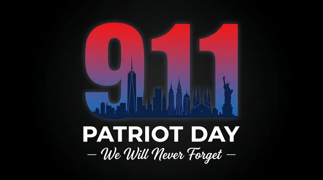 Patriot day remembrance graphic with patriotic red blue colors and city skyline silhouette commemorating 9/11 attacks and symbolizing national unity and resilience.
