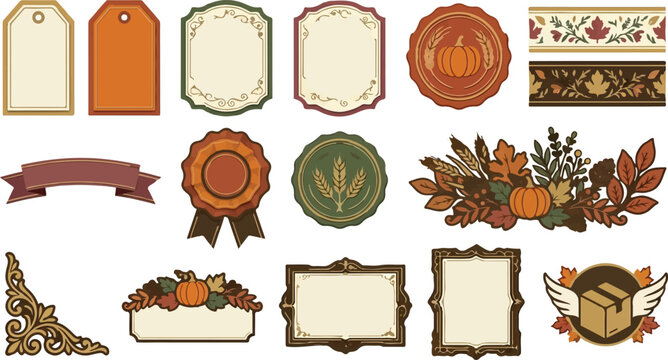 Vintage autumn label collection, 15 fall harvest vector elements, rustic pumpkin and leaf gift tags, decorative floral frames for Thanksgiving Halloween editable eps