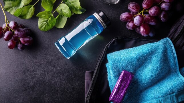 Sports drink bottle laying on a dark surface near a blue towel, energy bar, and red grapes for workout recovery.