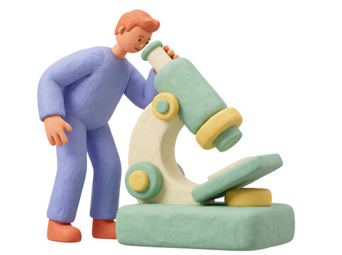 3D claymorphism cartoon man looking through a microscope, science and research concept, transparent background