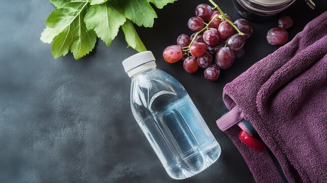 Water bottle placed on a dark surface alongside fresh grapes, green leaves, and a purple gym towel for hydration.
