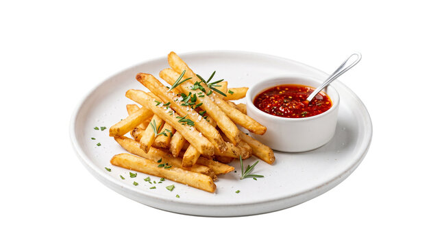 Crispy golden french fries with rosemary herbs, potato chips on white plate with spicy tomato sauce, gourmet fast food appetizer isolated PNG with Transparent Background
