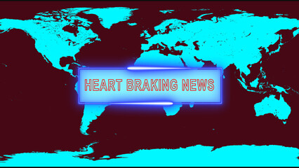 World map with dark red background and heart breaking news banner global news sad news © Surjomukhi