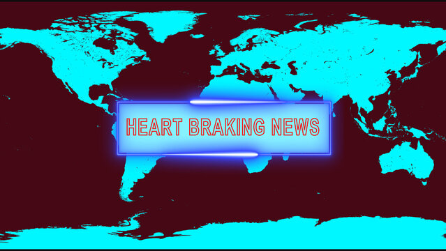 World map with dark red background and heart breaking news banner global news sad news