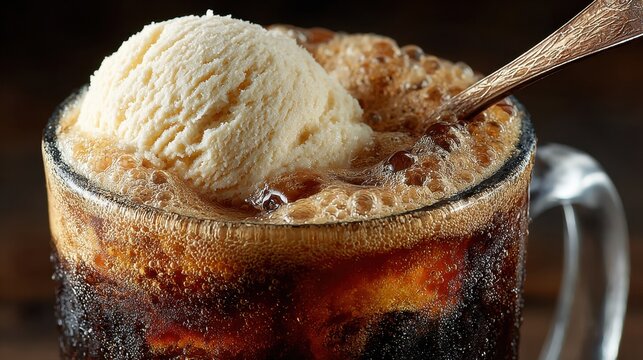 Classic root beer float with vanilla ice cream scoop and fizzy foam in glass mug