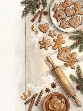Christmas 2026 baking watercolor illustration with gingerbread cookies, gingerbread man, rolling pin, dough, cinnamon sticks, star anise, and pine branches with copy space background