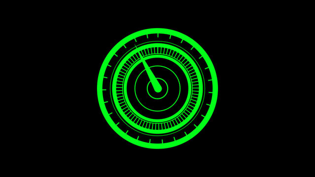 Futuristic green circular gauge with needle on black background meter dial