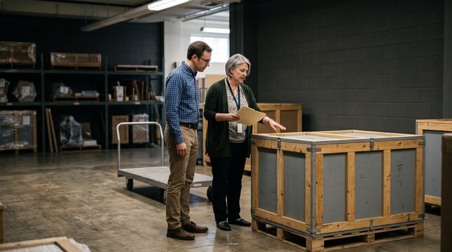 Museum team reviews preservation plans beside sealed storage crate