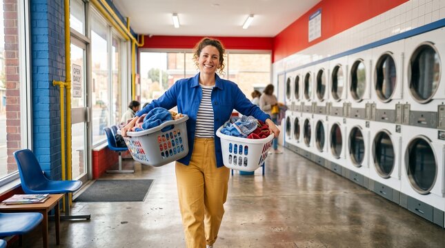 Adult arrives for a colorful self-service laundry routine
