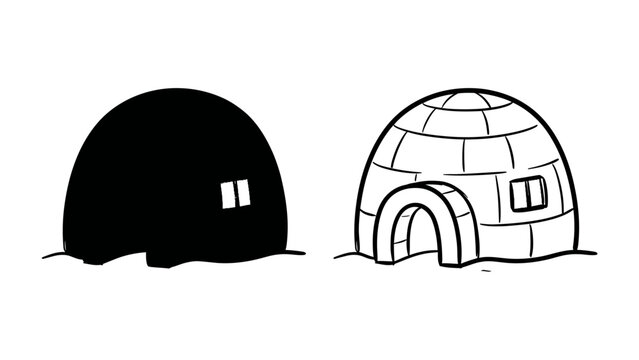 Igloo Contrast: A stark comparison between a solid black silhouette of an igloo and a line drawing revealing its snow-block construction, nestled in a snowy landscape.