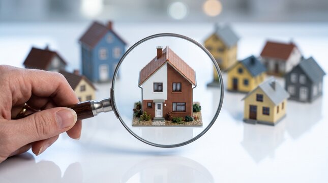 A hand holding a magnifying glass inspecting a miniature house among many others, symbolizing property search.