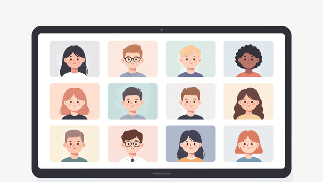 Tablet screen showing diverse group of smiling people in video conference grid layout