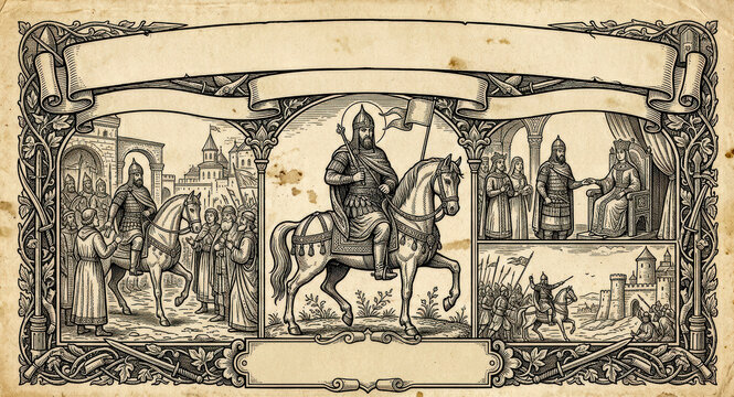 Vintage Engraving of Medieval Heroic Saga