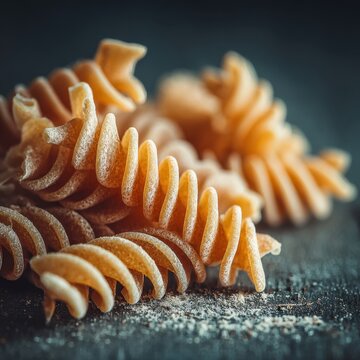 Close-up of raw fusilli pasta spirals on a dark rustic surface, textured dry macaroni background.