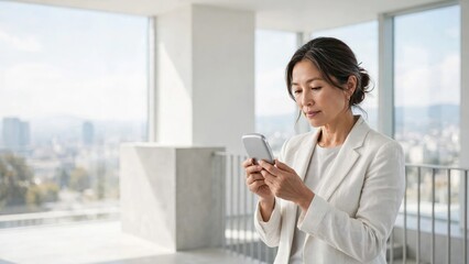 Obraz premium Professional Woman Checking Smartphone with City View Background