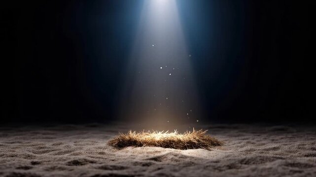 A humble manger of straw is illuminated by a single, ethereal beam of light in a dark, abstract setting. ..Created with Generative AI, not depicting real subjects.