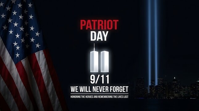 Patriot day never forget memorial with american flag and twin towers tribute beams on dark city background.