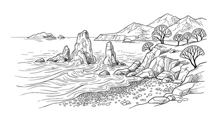 Fototapeta premium Rocky Ocean Coast with Sea Stacks and Mountains Hand-Drawn Sketch Illustration, Black and White Vector Coastal Landscape Drawing