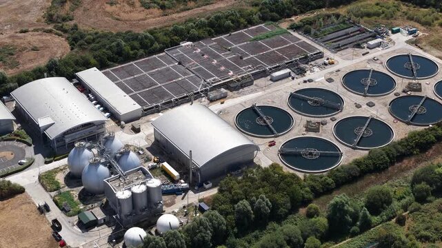 Aerial view of a modern sewage treatment facility