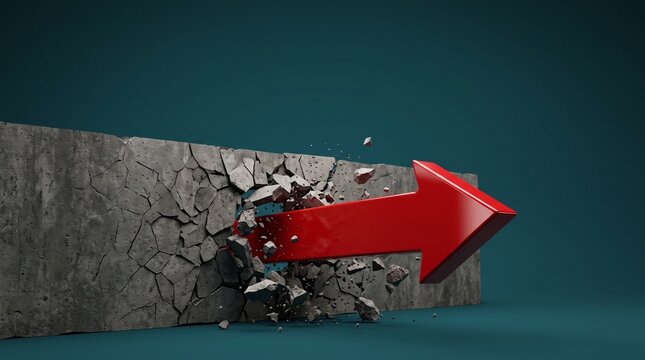 Red 3D arrow breaking through cracked concrete wall symbolizing breakthrough success