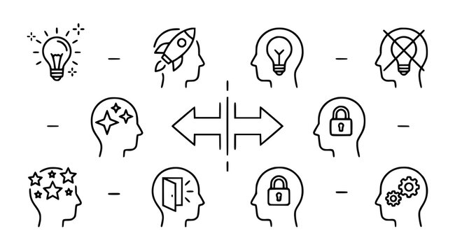 Lightbulb idea head versus concept thin line icon vector set for creative thinking