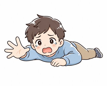 地面にうつ伏せになり助けを求めるように手を伸ばして泣く男性のイラスト