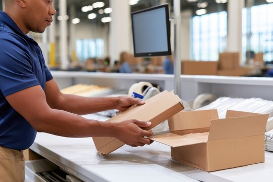 Industrial worker at packing station assembling cardboard box for shipping