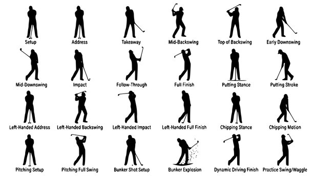 Golf Swing Sequence Golfer Motion Poses Black Silhouette Vector Set