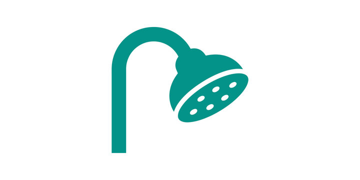 Teal shower head icon symbolizes bathroom hygiene and water plumbing.