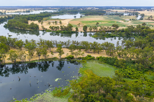Aerial view of a flooded inland river with tree lined banks