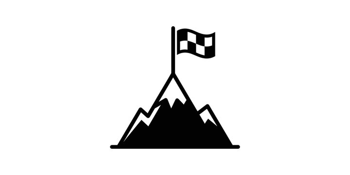 Checkered finish flag on mountain summit icon for project success.