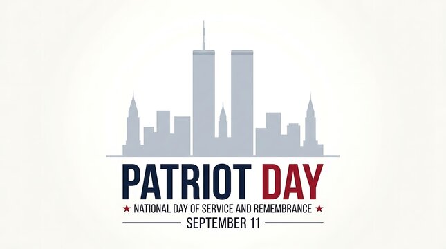 Patriot Day skyline silhouette with twin towers and stars commemorating September 11 remembrance and national day of service graphic.