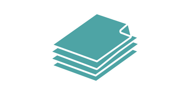 Teal stack of paper sheets flat icon ideal for office documentation.