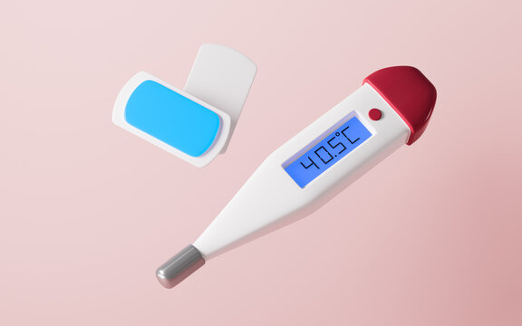 Cartoon medical thermometer and cooling patch, 3d rendering.