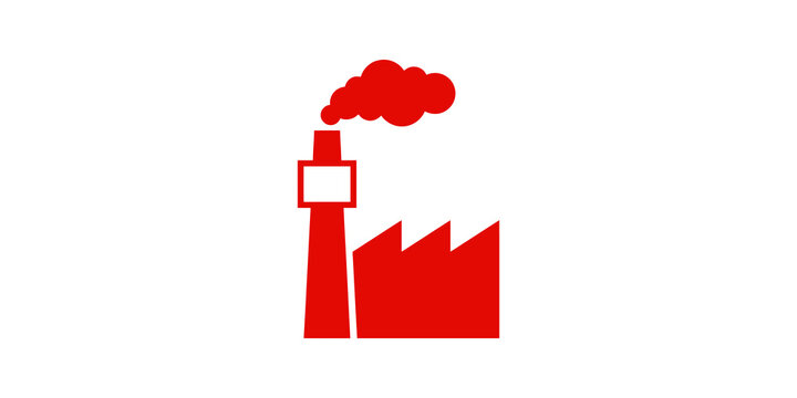 Factory icon red industrial building with chimney smoke for business.
