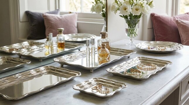 Elegant silver serving platters arranged on a marble countertop, perfect for upscale entertaining, holiday gatherings, or kitchen decor shots, showcasing timeless sophistication and luxury