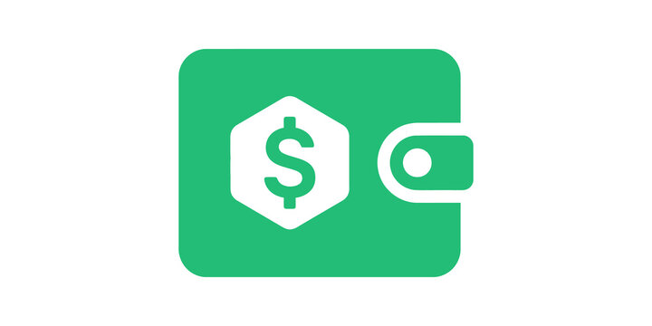 Green wallet icon featuring a dollar sign for financial mobile apps ui.
