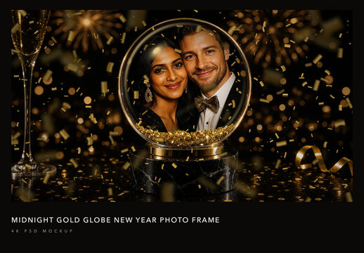 Midnight Gold Glitter Globe Photo Frame - Black and Gold New Year Eve Party Mockup