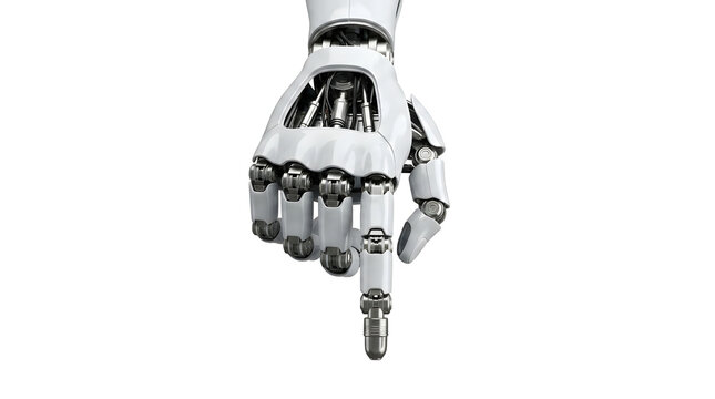 Robotic hand pointing down isolated on white background