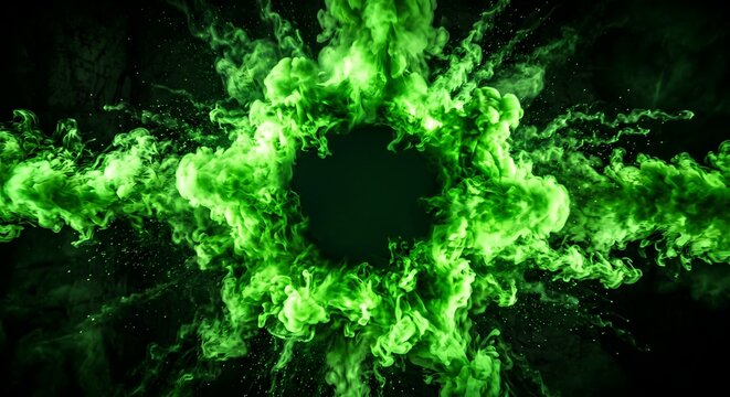 Abstract green smoke explosion background with particles and copy space on dark background